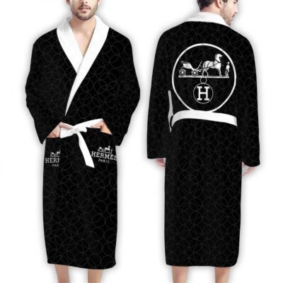 Hermes Black Circle Pattern Luxury Bathrobe