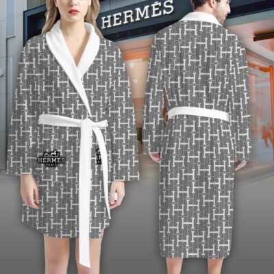 Hermes Silver Pattern Luxury Bathrobe 2 1