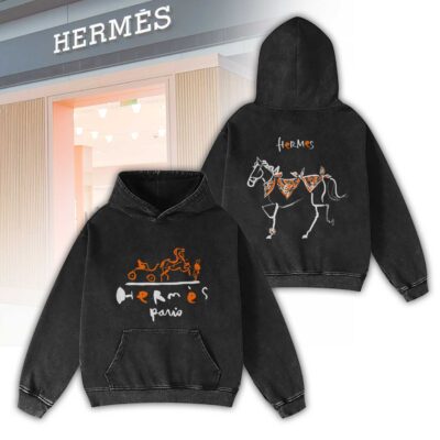Hermes Painting Logo Horse Luxury 2D Washed Hoodie