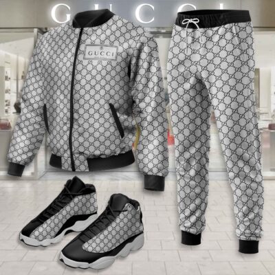 Gucci GC Logo Stripe Grey Luxury Brand Premium Varsity Tracksuit JD13 Shoes Set