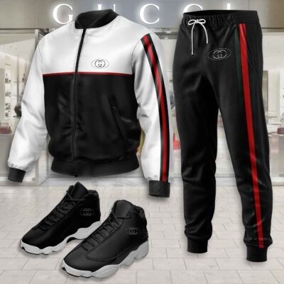 Gucci Logo Black White Luxury Brand Premium Varsity Tracksuit JD13 Shoes Set