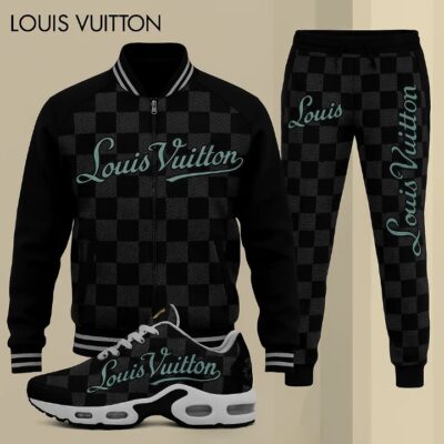 Louis Vuitton LV Black Luxury Brand Premium Varsity Tracksuit Air Max Set